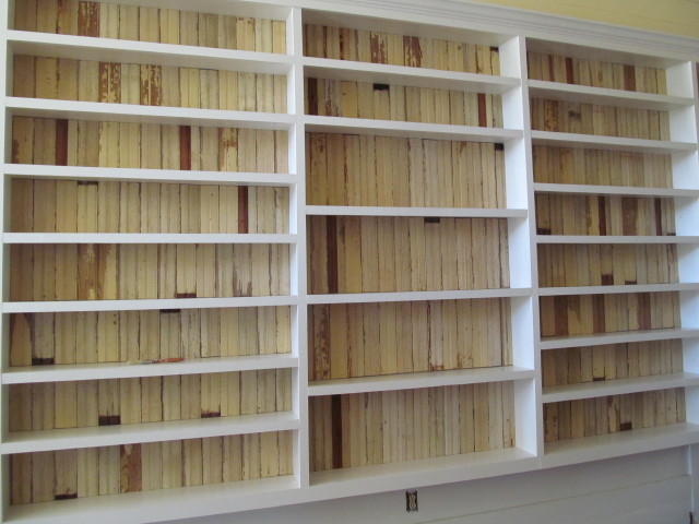 Beadboard installed to back of bookshelves