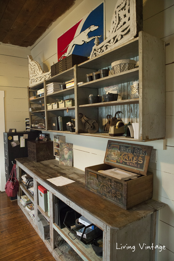 closeup of the blue cabinet -- I collect greyhound stuff because my high school mascot was a greyhound - Living Vintage